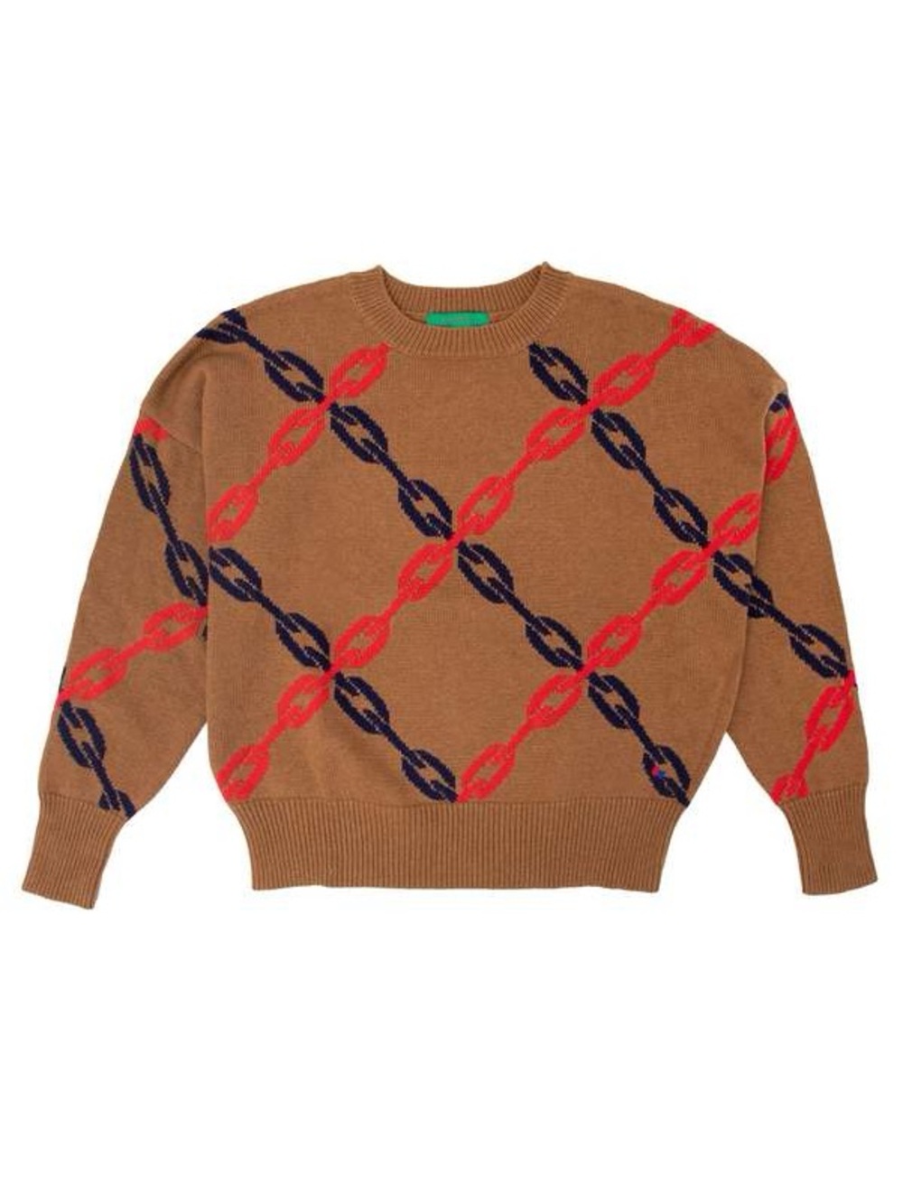 Clare V Tan Crewneck Sweater with Red & Navy Chain Motif
